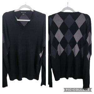 Inc International Concept Vintage Black Gray Argyle V Neck Sweater Size L